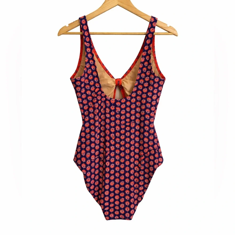 J.Crew Women’s One Piece Swimsuit Red Navy Floral Tie Front Medium M Beach
